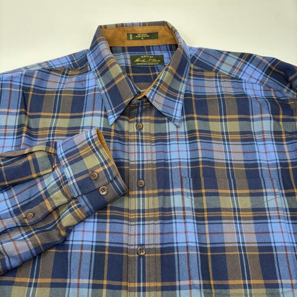 Orvis Signature Collection Mens XL Blue Brown Plaid 100% Wool Long Sleeve Shirt - Picture 1 of 6